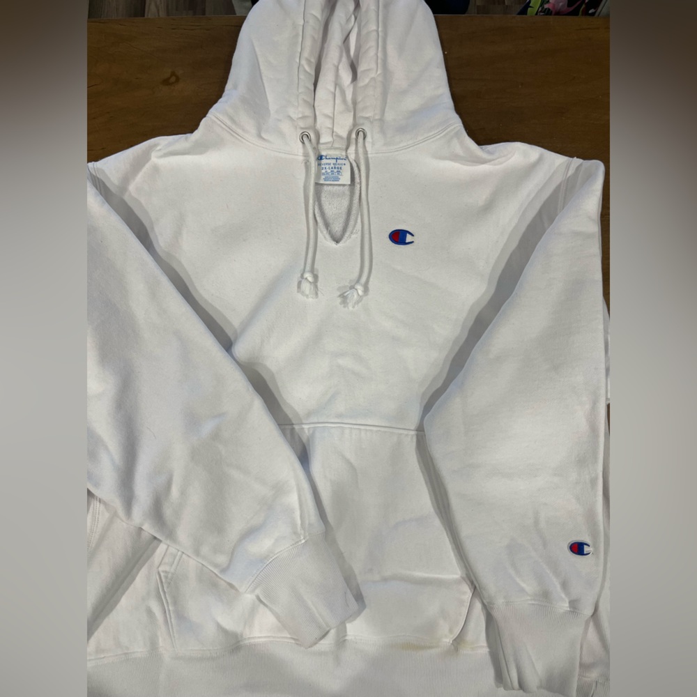 Vintage Champion Reverse Weave Heavyweight White Pullover Hoodie with Blue Logo